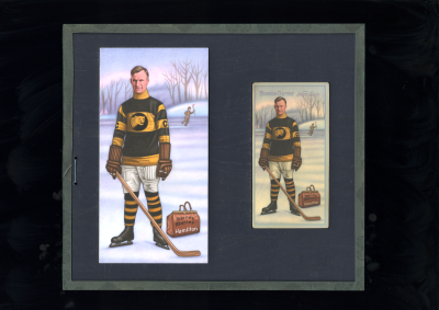 Picture, Helmar Brewing, Hockey Icers Card # 18, Barney STANLEY, Black/yellow jersey with tiger., Hamilton Tigers